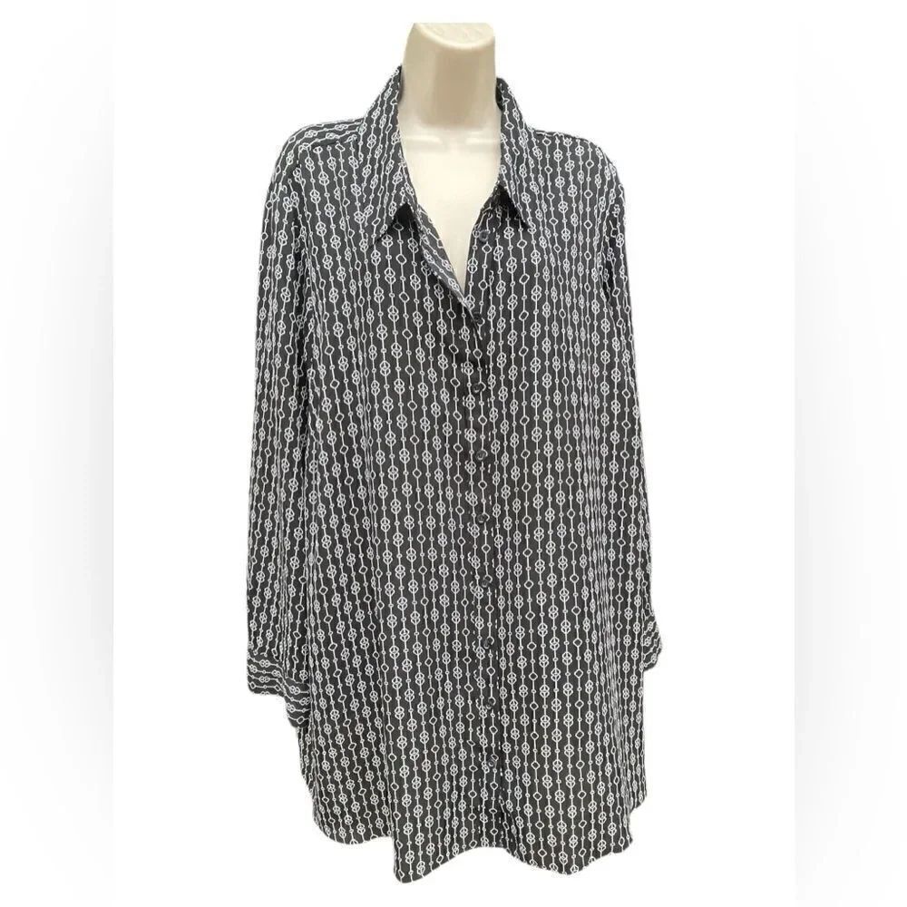LANE BRYANT Womens Polyester Long Sleeve Blouse Geometric Black White Size 26/28